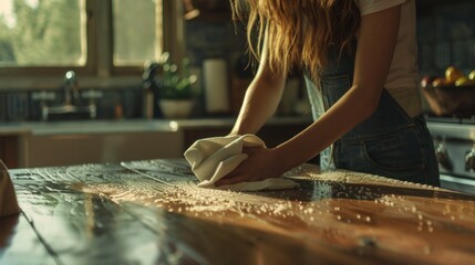 A woman uses a cloth to scrub the kitchen table. - obrazy, fototapety, plakaty
