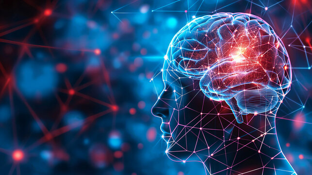 A creative illustration on the topic of brain chipping and artificial intelligence. Neon colors.