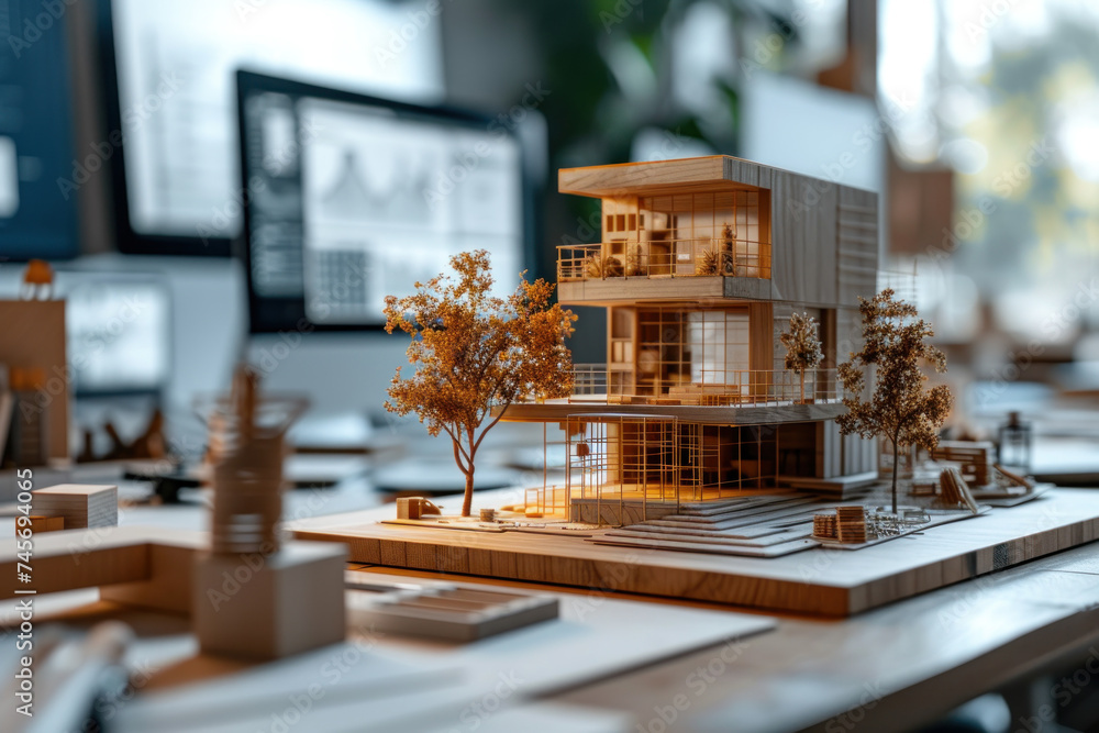 Aufkleber elegantly displays an architectural model of a contemporary house, highlighting the intricate interi