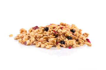 Muesli oat cereals close up background with dry fruits