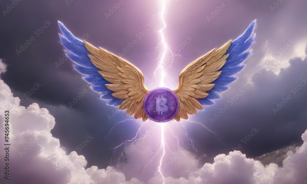 Poster a symbolic golden bitcoin with wings rises against a backdrop of stormy clouds and lightning, repres