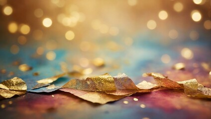 Warm paper autumn leaves lie against a backdrop with a golden bokeh effect, creating an image of warmth and seasonal change. Bokeh background - obrazy, fototapety, plakaty