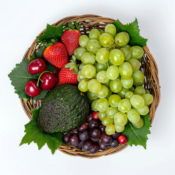 A top view of a wicker basket filled with a colorful variety of fresh fruits including grapes, strawberries, and avocados.