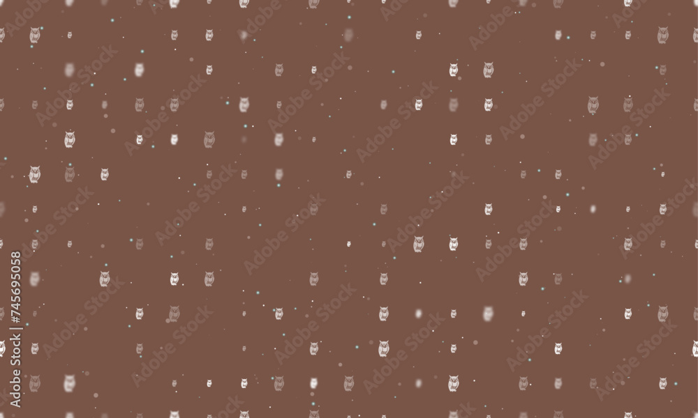 Poster seamless background pattern of evenly spaced white owl symbols of different sizes and opacity. vecto