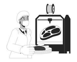 3D printed meat black and white cartoon flat illustration. 3d printer food researcher 2D lineart character isolated. Advanced technology. Additive manufacturing monochrome scene vector outline image