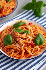 Homemade Pasta Pomodoro on a Plate, side view.