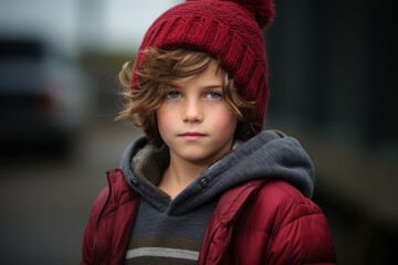 Portrait of a cute little boy wearing a red hat and coat