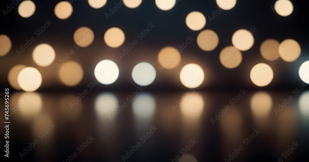 Poster A captivating display of out-of-focus lights creates a bokeh effect on a dark reflective surface, evoking the enchanting atmosphere of a nighttime cityscape.
