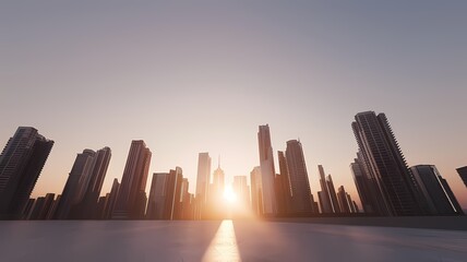 Ground level view of the city skyline at sunrise.