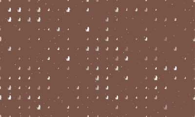 Seamless background pattern of evenly spaced white cat icons of different sizes and opacity. Vector illustration on brown background with stars