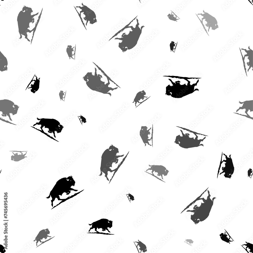 Poster seamless vector pattern with wild buffalos, creating a creative monochrome background with rotated e