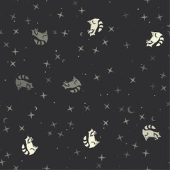 Seamless pattern with stars, raccoon symbols on black background. Night sky. Vector illustration on black background