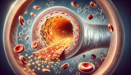 Illustration of cholesterol plaque buildup in an artery, highlighting cardiovascular risk