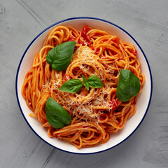 Homemade Pasta Pomodoro on a Plate, top view. Flat lay, overhead, from above.