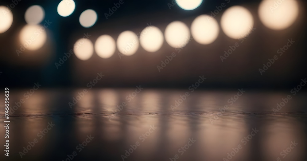 Poster a captivating display of out-of-focus lights creates a bokeh effect on a dark reflective surface, ev