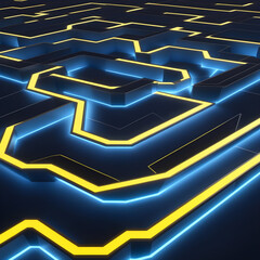 Luxury background in blue, yellow and black colors. Dark background with a maze effect. Creative labyrinth texture. Challenge and risk concept. Zigzag Virtual Track