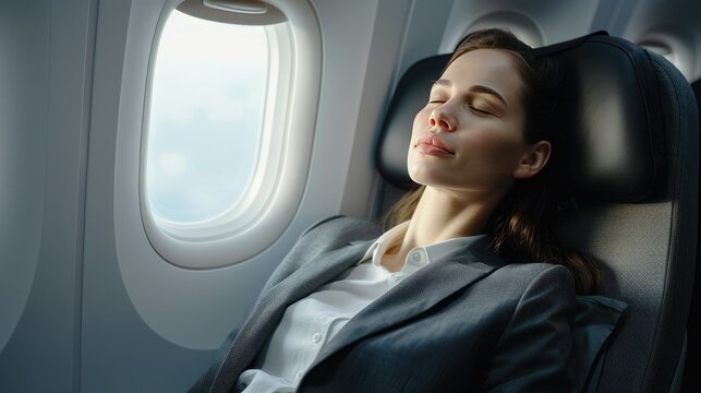 A young woman is sleeping on a plane. She is wearing a suit and has her eyes closed. The sun is shining through the window next to her.