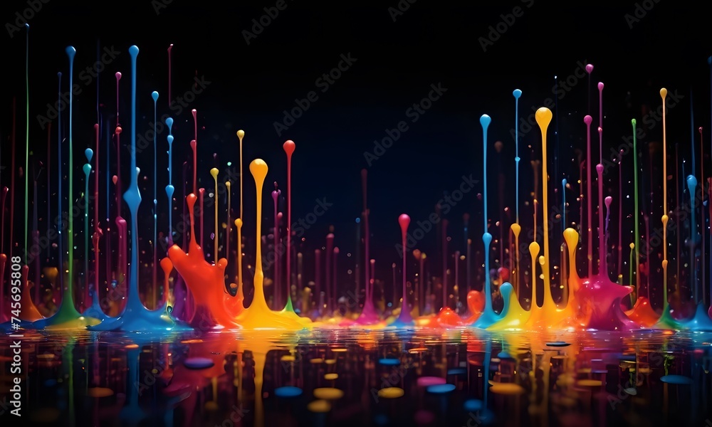 Poster An energetic symphony of colorful paint splashes rises dynamically against a dark backdrop, creating a lively and artistic visual spectacle.