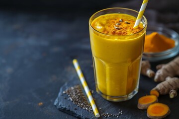 Close up fresh blended fruit turmeric smoothie in drinking glass on black background