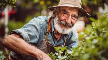 Mature man working in the vegetable garden. action shots of a middle aged gentleman tending to his greenhouse plants and garden crops. Various garden tools being used. Goatee beard, jeans and t shirt - Powered by Adobe