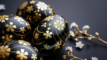 black Easter eggs with gold ornaments on black background. Happy Easter design - obrazy, fototapety, plakaty