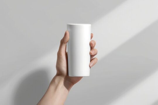 Hand Holding White Skinny Straight Tumbler Mockup Studio Lighting