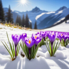 Bushes of lilac crocus on the snow in the mountains in the sunlight.