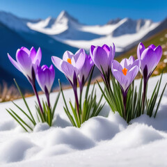 Several purple crocus flowers in the snow in the mountains, a bright sunny day.