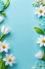 Vertical frame for text blue background with white flowers and green leaves. Place for text.