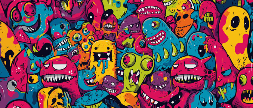 Fototapeta Abstract graffiti cartoon monsters, ghosts and strange beings. Hand drawn doodle pattern