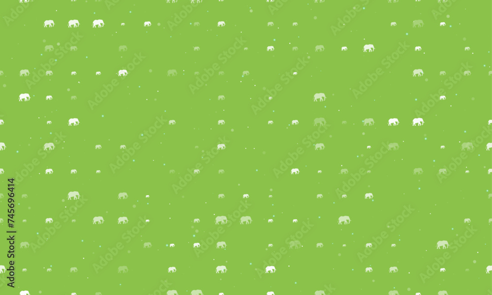 Poster seamless background pattern of evenly spaced white elephant symbols of different sizes and opacity. 