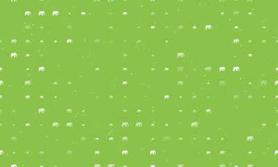 Seamless background pattern of evenly spaced white elephant symbols of different sizes and opacity. Vector illustration on light green background with stars