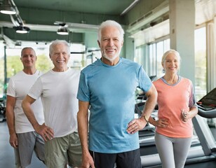 Fototapeta na wymiar Gruppe von Senioren steht im fitnesscenter - Seniorenfitness im Gym 