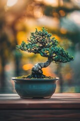 A Japanese bonsai tree placed on a wooden table with a blurred background