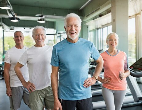 Gruppe von Senioren steht im fitnesscenter - Seniorenfitness im Gym 