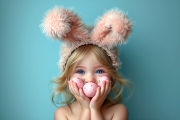 cute little girl with bunny ears holds Easter eggs by the face, Easter holiday card with copy space