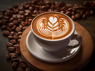 Kaffeetasse mit einem Kaffee und Verzierung durch Milchschaum, Schöne Tasse auf dem Tisch - obrazy, fototapety, plakaty