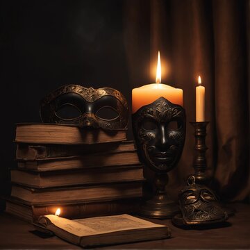 World theater day. Dark still life with theatrical elements: A mask in front of a large book with a lit candle.