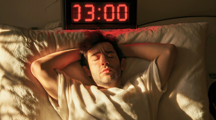 Closeup of a man lying in bed, frustrated young male person can't sleep, alarm clock in the background, showing 03:00, midnight time. Insomnia and sleepless problem, time to wake up, morning sunlight