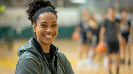 Portrait of a happy African American basketball coach, pretty woman standing on the hardwood court in the basketball gym interior, looking at the camera and smiling. Players blurred in the background - obrazy, fototapety, plakaty