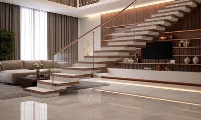 White marble U shape floating stair, led stripe light staircase, tempered glass balustrade in luxury beige living room, window, wood panelling wall, Generative AI