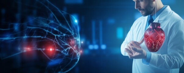 Cardiologist doctor examine patient heart functions and blood vessel on interface. Medical technology and healthcare to diagnose heart disorder and disease of cardiovascular, Generative AI