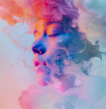 Portrait of a woman in a mask of smoke. Minimal gradient colorful pastel photography. Vogue life fashion.