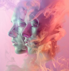 Portrait of a woman in a mask of smoke. Minimal gradient colorful pastel photography. Vogue life fashion.