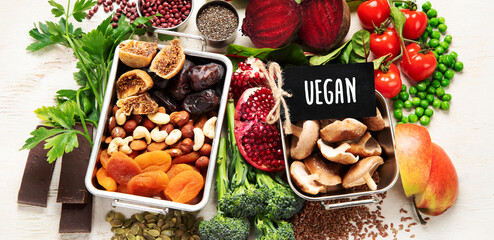 Vegan food rich of iron. Healthy eating. Vegetables, fruits and nuts