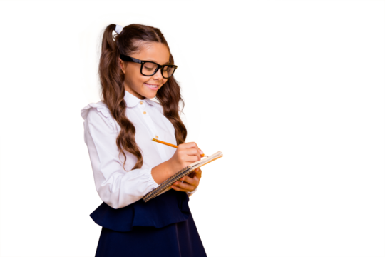 For this essay I will get a good mark! Portrait of glad, fun, small girl writes notes, essay lesson on literature about vacations stand isolated on vivid yellow background with copy space for text