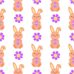Easter bunny with flowers seamless pattern. Spring floral background, backdrop, digital and wrapping paper.