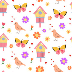 Bright wooden birdhouse, birds and flowers seamless pattern. Handmade wooden house for birds. Crafted homes. Background, backdrop, wrapping paper, digital paper.