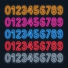 Neon set of numbers in different colors. The colors include red, yellow, blue, pink and white.