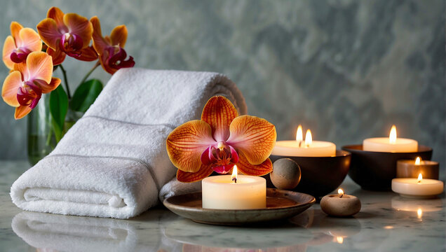 A serene image of a spa setting with candles, a towel, and a striking orchid